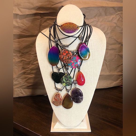 Gemstone & Fossil Pendant on Waxed Necklace w/Ornate Bail Lobster Claw Clasp - Picture 3 of 16